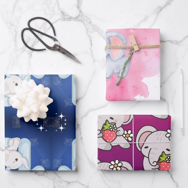 Feuille De Papier Cadeau Cute Baby Elephant First Birthday (Recto)