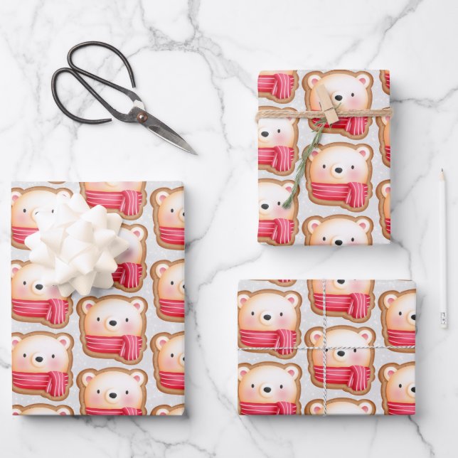 Feuille De Papier Cadeau Cute Bear Face Red Scarf et Rosy Cheeks Christmas (Recto)