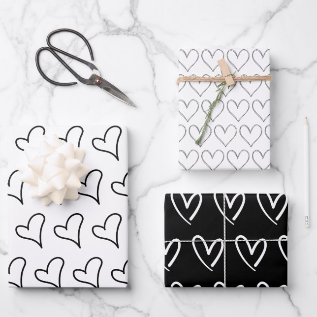 Feuille De Papier Cadeau Cute Black White Hearts Motif Valentine (Recto)