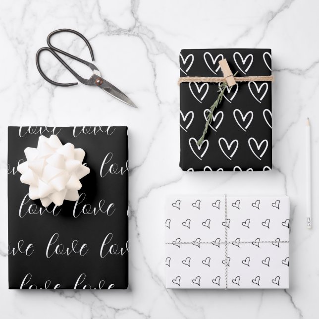 Feuille De Papier Cadeau Cute Black White Hearts Motif Valentine Modern W (Recto)