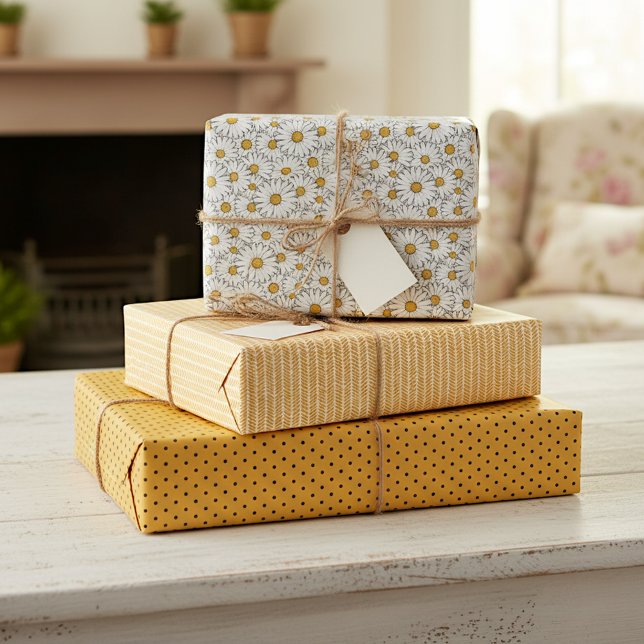 Feuille De Papier Cadeau Cute Blanc Jaune Daisies Floral Art Motif (Créateur téléchargé)