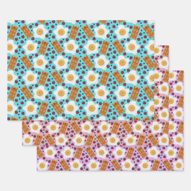 Feuille De Papier Cadeau Cute Blue Eggs Bacon Strawberries Blueberries  (Lot)