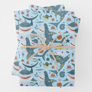 Feuille De Papier Cadeau Cute Blue Ocean Baby Sharks Anniversaire de enfant