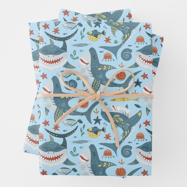 Feuille De Papier Cadeau Cute Blue Ocean Baby Sharks Anniversaire de enfant (En situation)