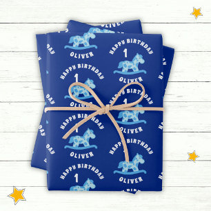Feuille De Papier Cadeau Cute Blue Rocking Horse Boy 1er Anniversaire