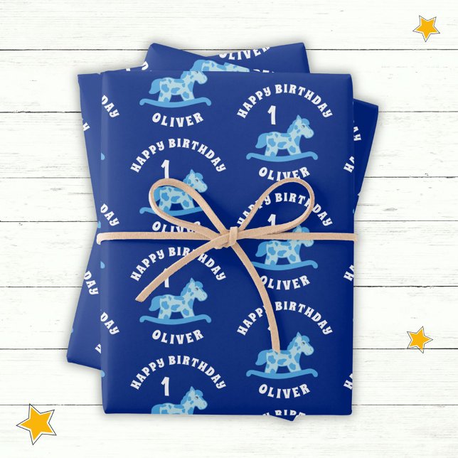 Feuille De Papier Cadeau Cute Blue Rocking Horse Boy 1er Anniversaire (Créateur téléchargé)