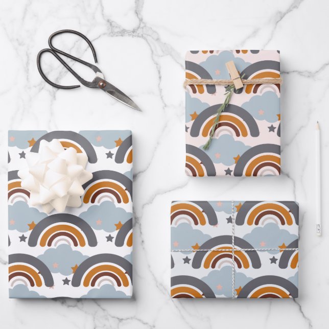 Feuille De Papier Cadeau Cute Bold Boho Kid's Pastel Rainbow, Clouds & Star (Recto)