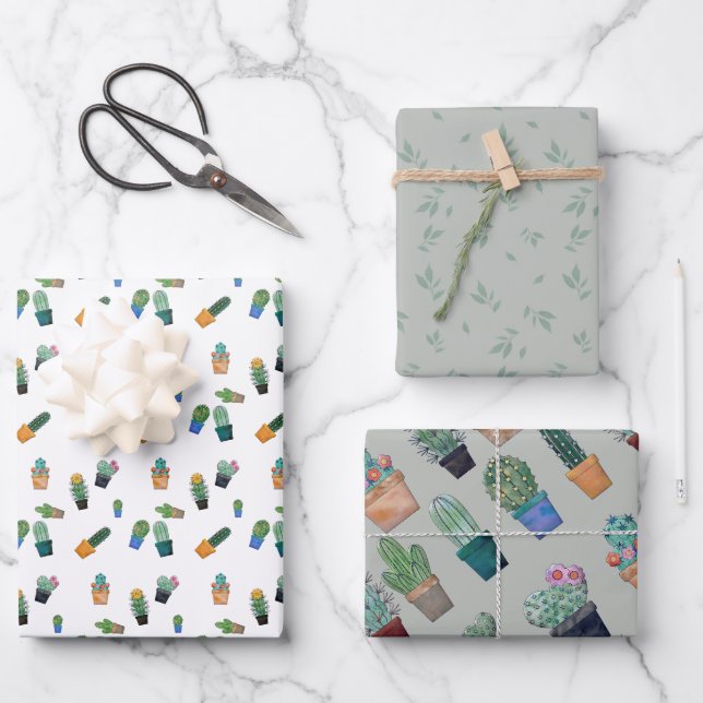 Feuille De Papier Cadeau Cute Cactus Motif de fleurs vertes (Recto)