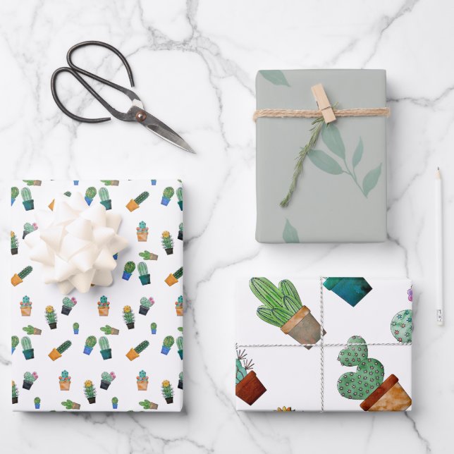 Feuille De Papier Cadeau Cute Cactus Motif de fleurs vertes (Recto)