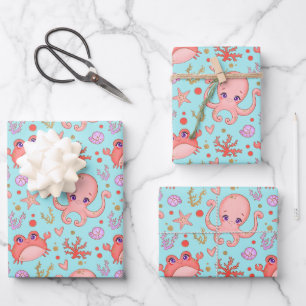 Feuille De Papier Cadeau Cute calmar et crabe Marine Life Blue