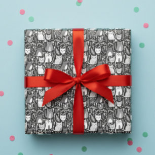 Feuille De Papier Cadeau Cute Cats Botanique Floral Motif Gris Blanc Cadeau