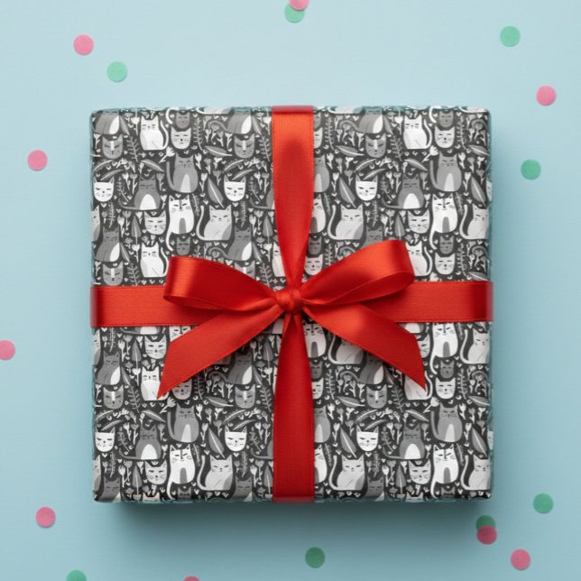 Feuille De Papier Cadeau Cute Cats Botanique Floral Motif Gris Blanc Cadeau (Cute Cats Botanical Floral Pattern Gray White Gift Wrapping Paper Sheets
)