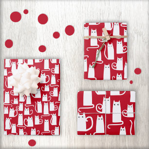 Feuille De Papier Cadeau Cute Chat Rouge et Blanc Festif