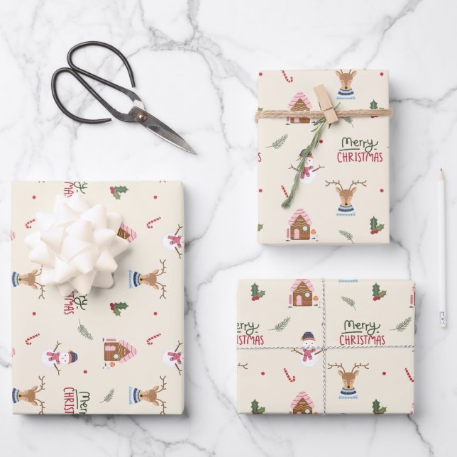 Feuille De Papier Cadeau Cute Christmas Reindeer Snowman Pattern Whimsical  (Recto)