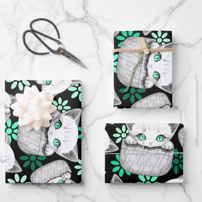 Feuille De Papier Cadeau Cute de chat et pointe joueuse à partir d'une poch (Recto)