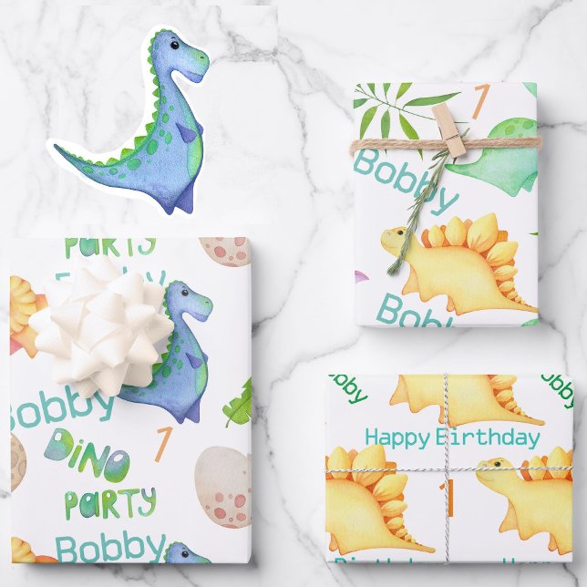 Feuille De Papier Cadeau Cute Dino Boys Dinosaur Personnaliser 1er annivers (Créateur téléchargé)