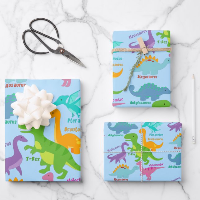 Feuille De Papier Cadeau Cute Dinosaur bleu (Recto)