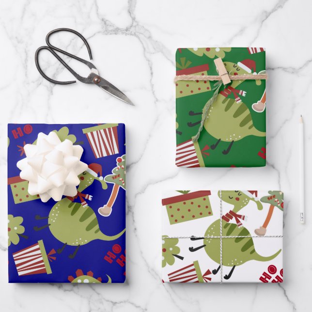 Feuille De Papier Cadeau Cute Dinosaur Père Noël Motif de Noël (Recto)