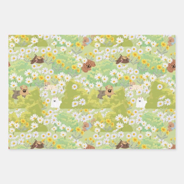 Feuille De Papier Cadeau Cute Dogs With Daisy Flowers Seamless Pattern (Devant)