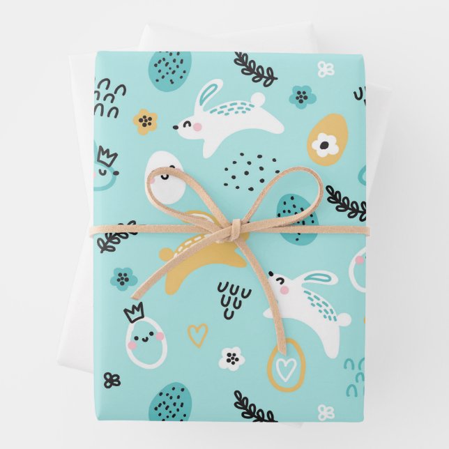 Feuille De Papier Cadeau Cute Easter Bunny Pattern Kawaii Rabbits Eggs  (En situation)