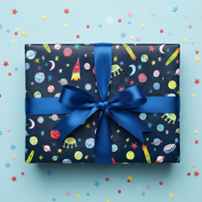 Feuille De Papier Cadeau Cute Espace Extérieur OVNI Planètes Lunes Aquarell (Cute Outer Space UFO Planets Moons Watercolor Gift Wrapping Paper Sheets
)