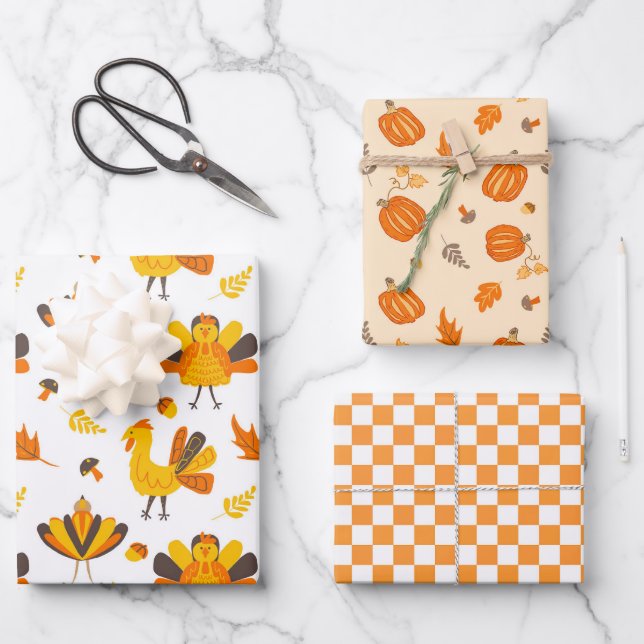 Feuille De Papier Cadeau Cute Fall Turkeys et Citrouilles (Recto)