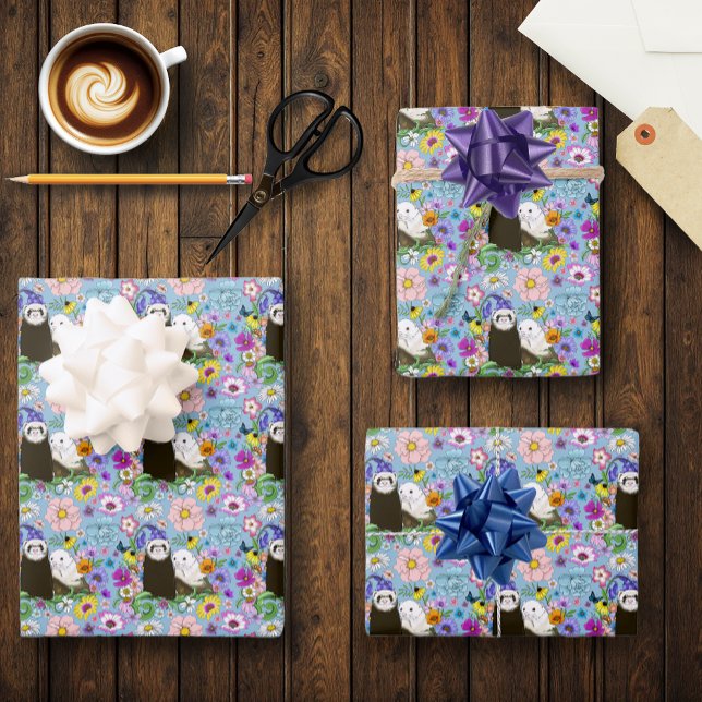 Feuille De Papier Cadeau Cute Ferrets Floral (Créateur téléchargé)