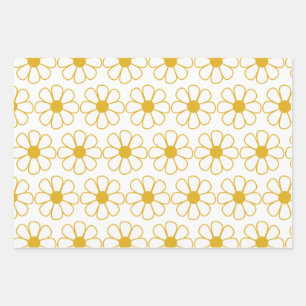 Feuille De Papier Cadeau Cute Floral Daisy Motif Mustard Or et blanc