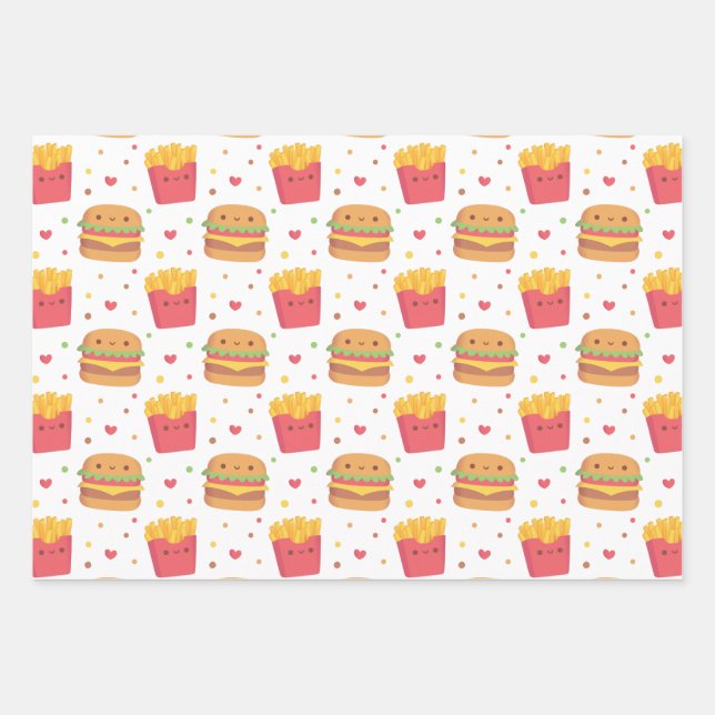 Feuille De Papier Cadeau Cute frites et Motif de hamburger (Devant)