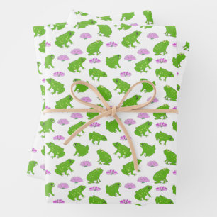 Feuille De Papier Cadeau Cute Frogs Lily Pads rose et vert Doodart