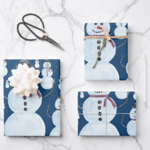 Feuille De Papier Cadeau Cute Frosty Blue Snowman Motif d'aquarelle