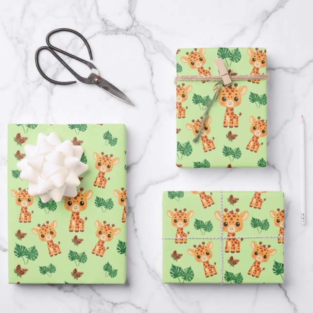 Feuille De Papier Cadeau Cute Giraffe en vert (Recto)