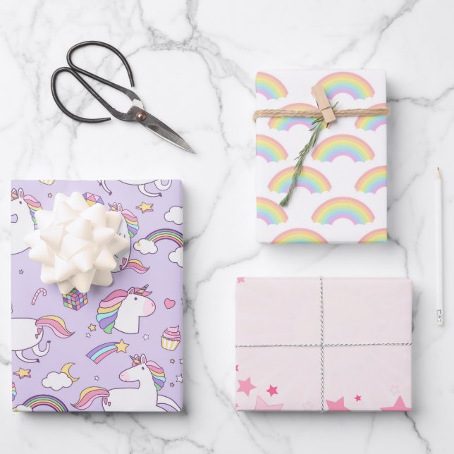Feuille De Papier Cadeau Cute Girly Unicorn Rainbow Stars Personnalisé (Recto)