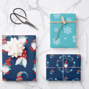 Feuille De Papier Cadeau Cute Gnomes Snowflakes Floral Wreath Blue Ajouter 