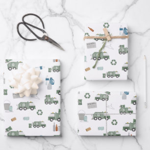 Feuille De Papier Cadeau Cute Green Recycling Camion Enfants Véhicules Moti
