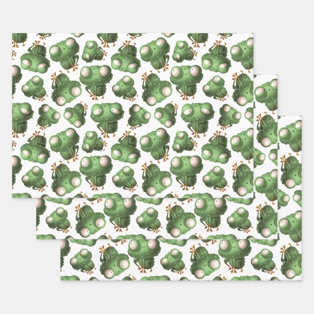 Feuille De Papier Cadeau Cute grenouilles à dessin vert sur blanc (Lot)