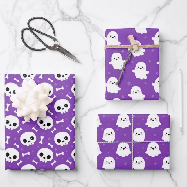 Feuille De Papier Cadeau Cute Halloween fantôme et crânes Motifs (Recto)