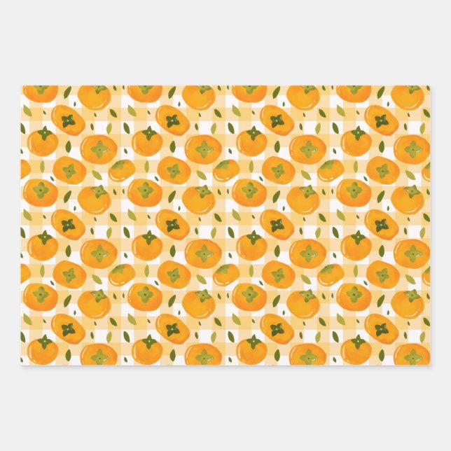 Feuille De Papier Cadeau Cute Hand-Drawn Persimmons Seamless Pattern (Devant)