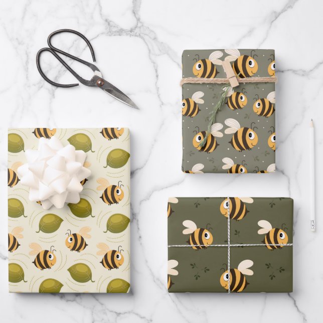 Feuille De Papier Cadeau Cute Happy Bees (Recto)