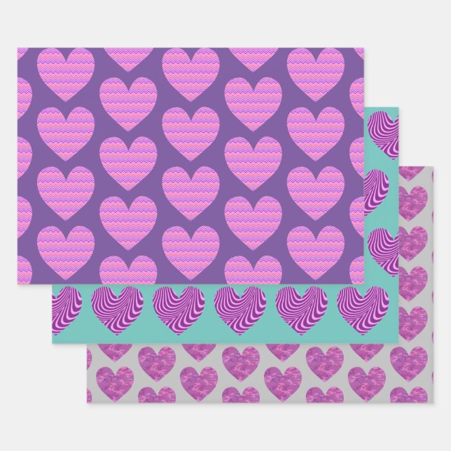Feuille De Papier Cadeau Cute Heart Art violet et rose amour (Lot)