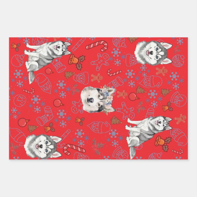 Feuille De Papier Cadeau Cute Husky Dog Christmas Winter Seamless Pattern  (Devant)