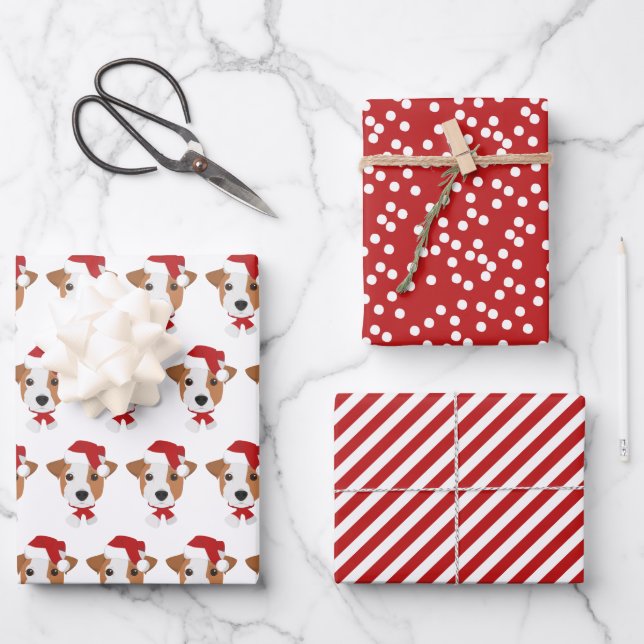 Feuille De Papier Cadeau Cute Jack Russell et Motifs rouges - Noël (Recto)
