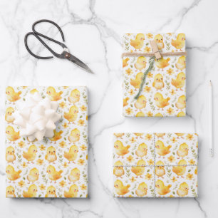 Feuille De Papier Cadeau Cute Jaune Chicks et Fleurs