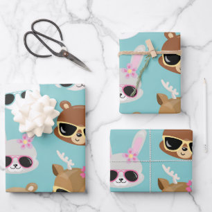 Feuille De Papier Cadeau Cute Kawaii Animaux Lunettes de soleil en bleu