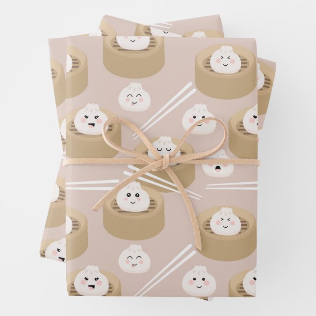 Feuille De Papier Cadeau Cute Kawaii Dumplings Baguettes en vapeur (En situation)