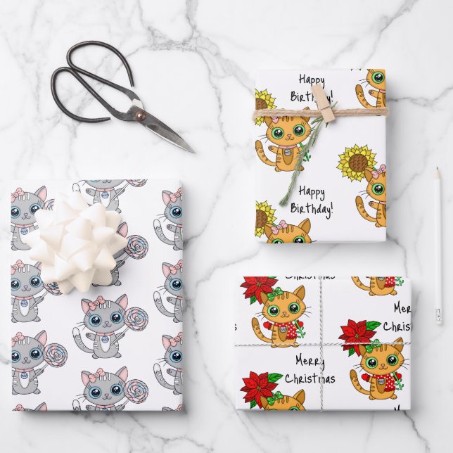 Feuille De Papier Cadeau Cute Kittens tenant Flower Anniversaire et Noël (Recto)