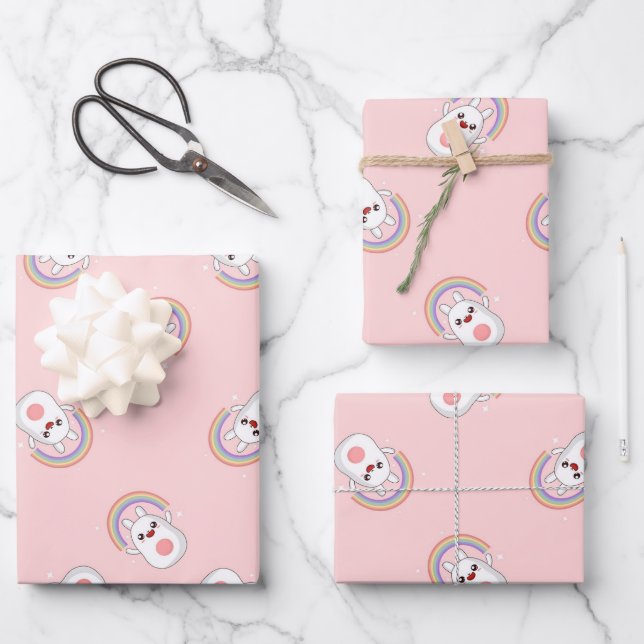 Feuille De Papier Cadeau Cute lapin blanc avec motif arc-en-ciel rose (Recto)