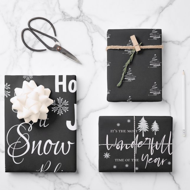 Feuille De Papier Cadeau Cute Let It Snow Black Merry Christmas Citation Ca (Recto)