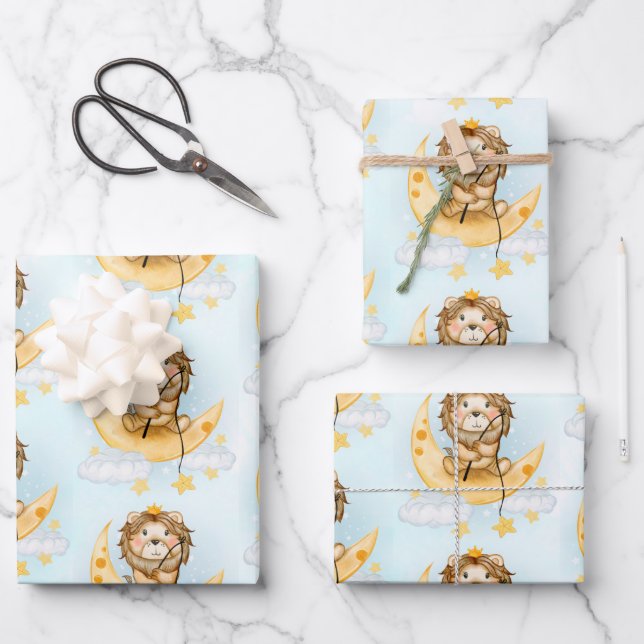 Feuille De Papier Cadeau Cute Lion Pêche sur l'aquarelle de la lune (Recto)