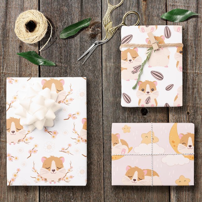 Feuille De Papier Cadeau Cute Little Hamsters Trois Motifs Anniversaire (Créateur téléchargé)